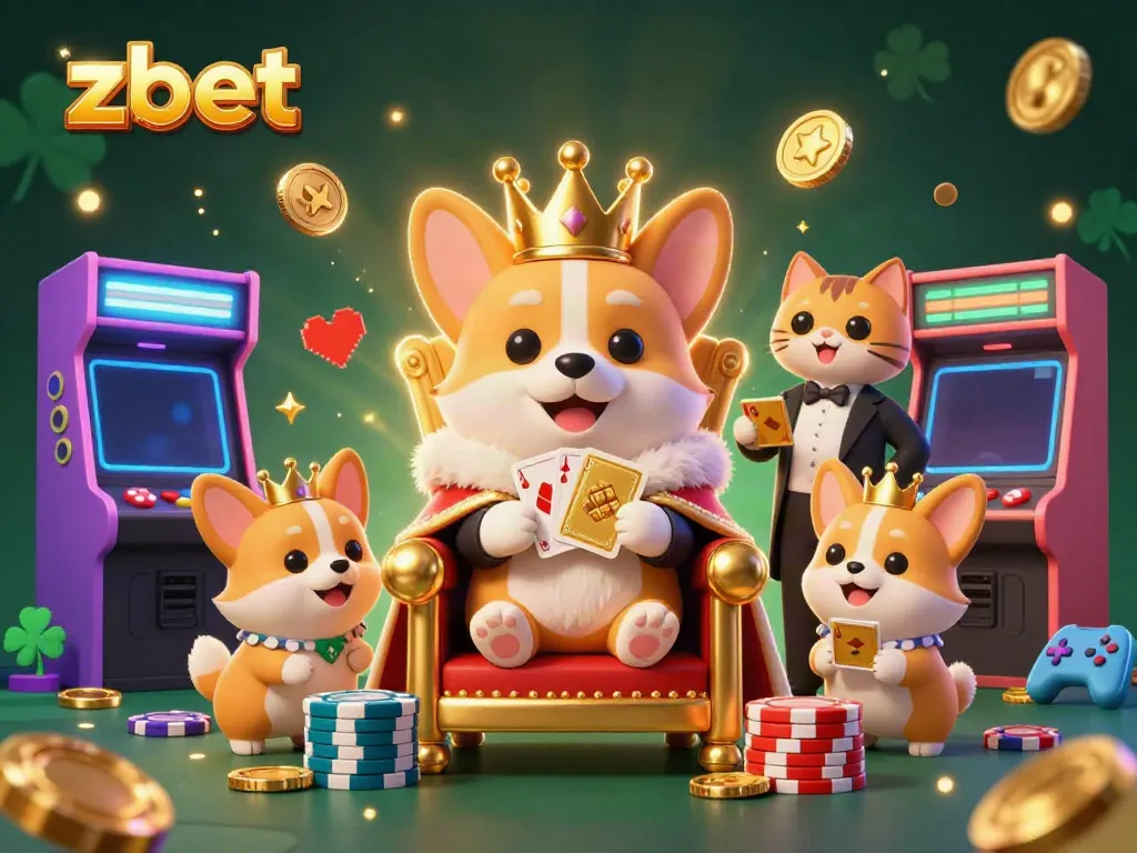 Experience zbet with vibrant corgi characters and thrilling casino elements in a dynamic 3D illustration.