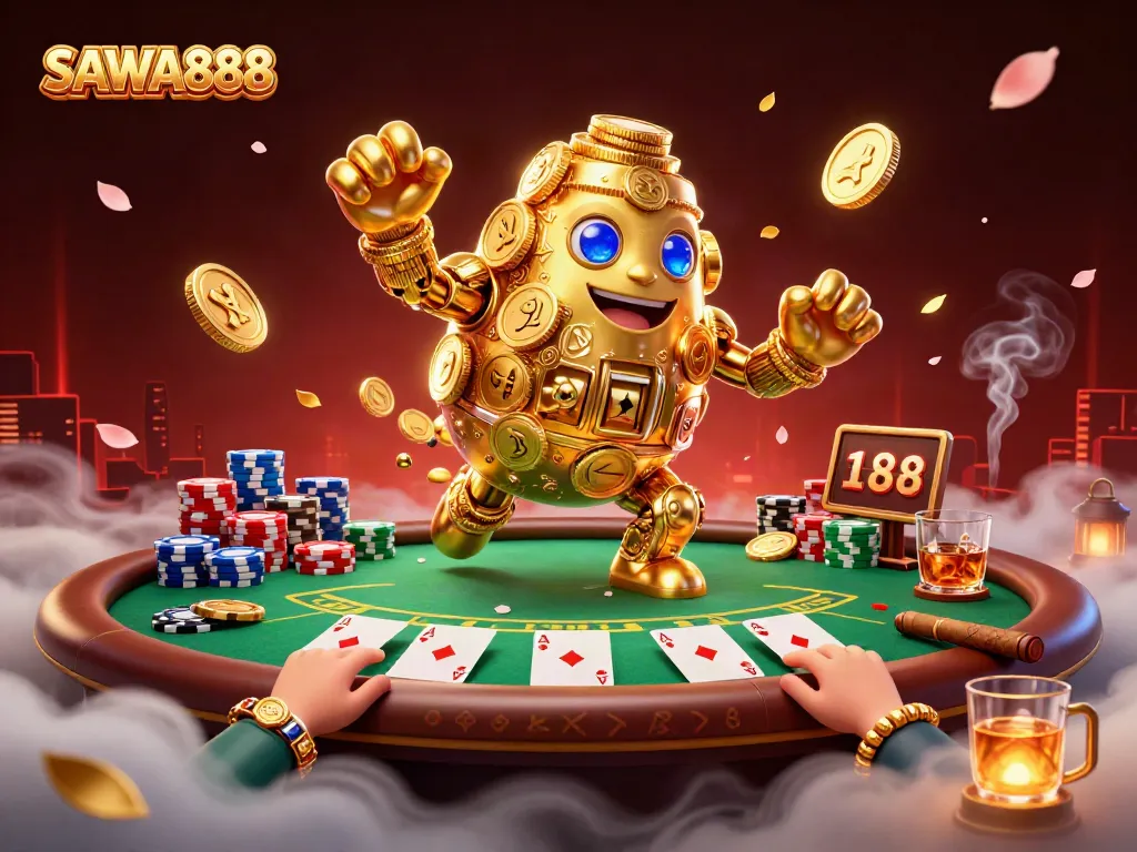 SAWA888 showcases a dynamic poker scene with a golden golem and vibrant elements under a casino ambiance.