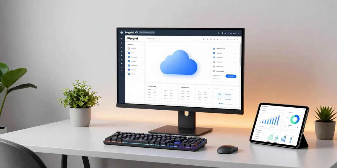 Waygrid API management dashboard on a developer's workspace with cloud computing and cybersecurity elements.