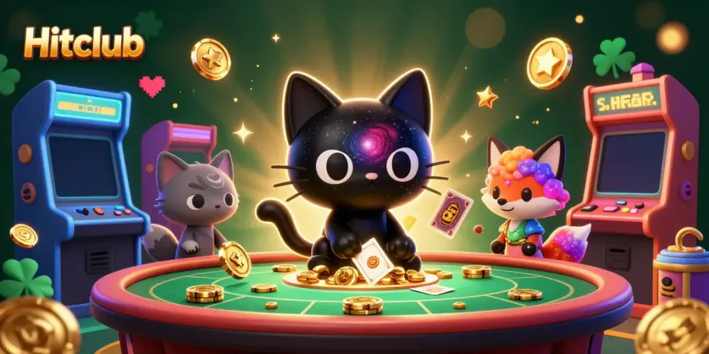 Engage with Hitclub's thrilling cosmic casino action featuring a black hole cat and a nebula fox.