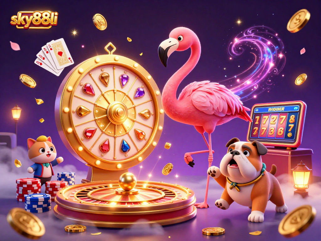 Engage with sky88li's thrilling casino experience featuring vibrant characters, golden prizes, and dynamic gaming elements.