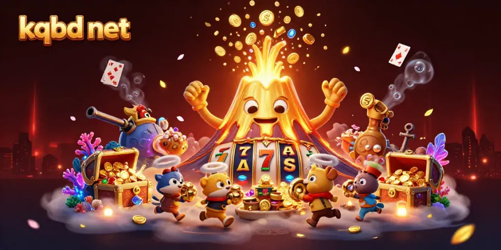 KQBD net showcases a triumphant golden volcano erupting coins and gems, with animated characters in an exciting casino-themed scene.