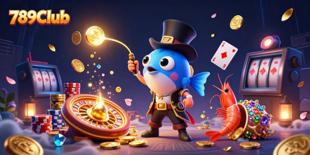Join the fun at 789Club as golden coins and gemstones cascade around an anglerfish, shrimp, and sea snail in a vibrant casino scene.