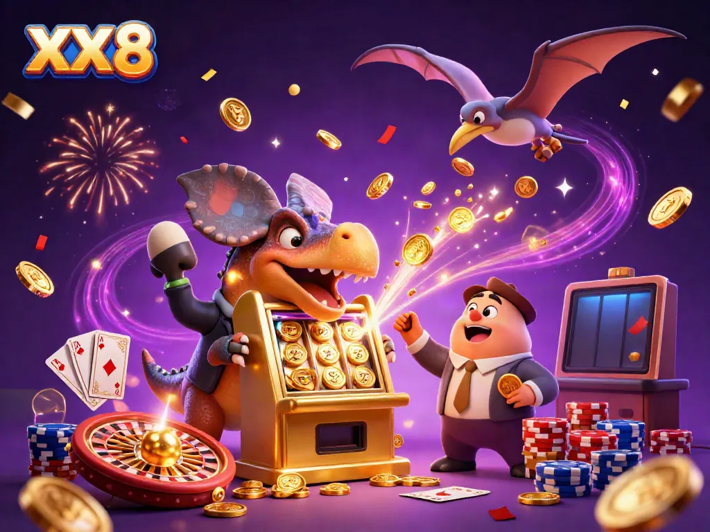 Experience thrilling gameplay with XX 8 as a pachycephalosaurus wins a jackpot from a golden slot machine.