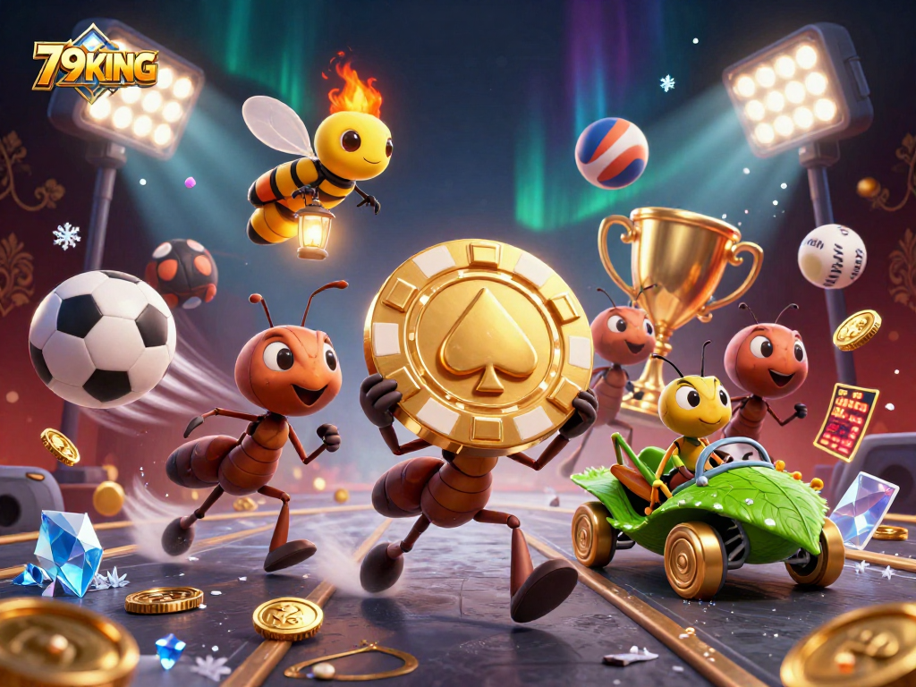 Engage with 79KING as animated ants score a heist with a golden poker chip in this vibrant casino illustration.