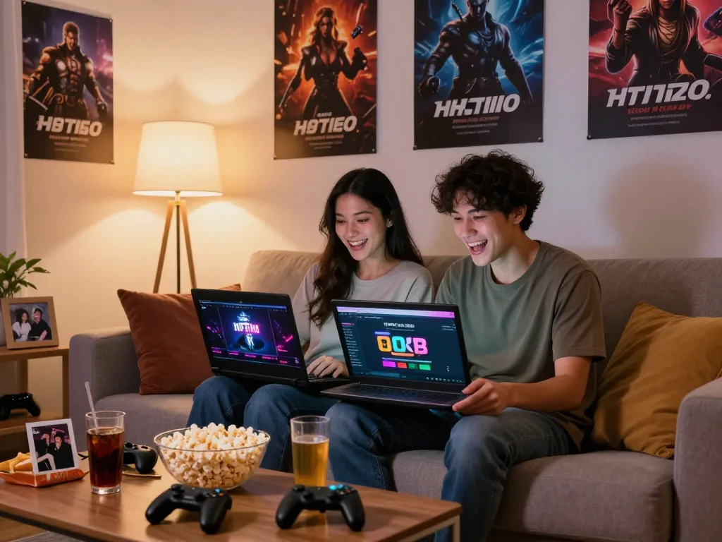 Couple enjoying a cozy evening exploring various porn games HTML titles together on their laptops, illuminated by soft lamp light.