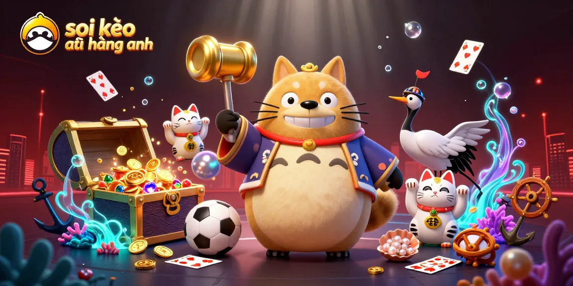 Soi kèo ngoại hạng anh illustrated with cheerful tanuki and crane, featuring vibrant sports betting and casino elements.