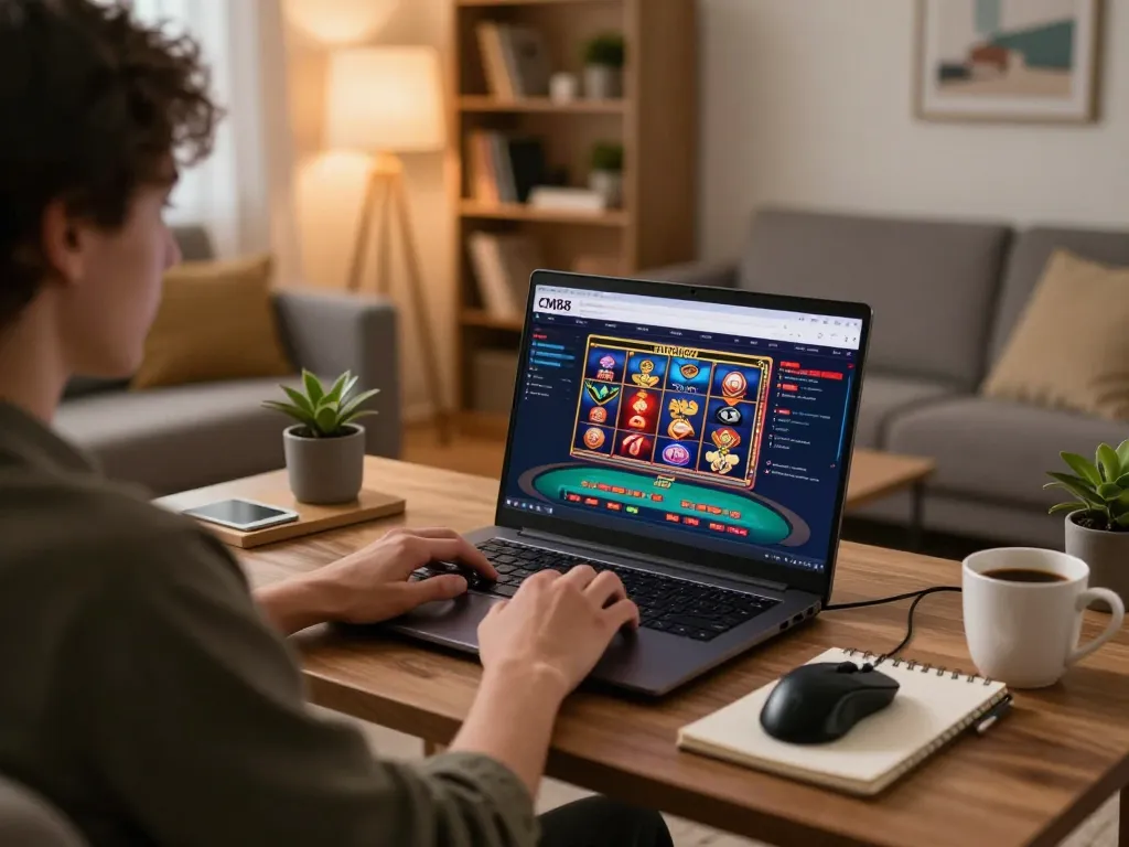 Engaged player using CM88 platform on laptop, showing poker and slot games in cozy home setting.