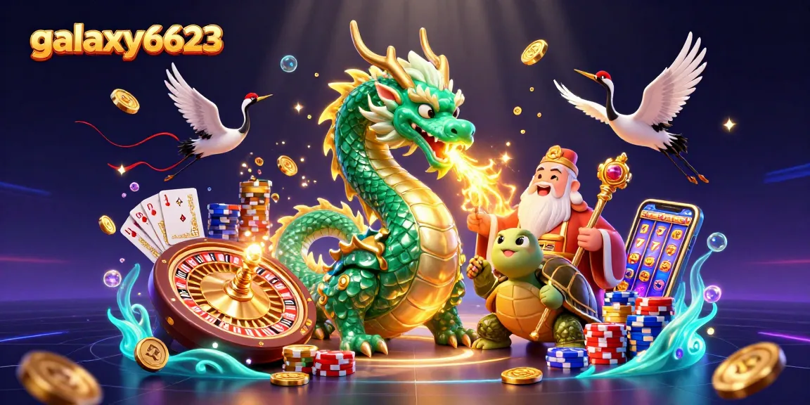 Spin into the world of galaxy6623 with a lucky dragon, turtle sage, and cranes amidst cascading casino elements.
