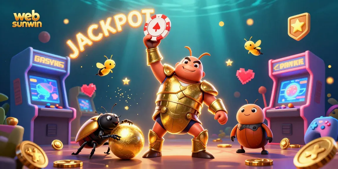 Join the excitement at web sunwin with a triumphant hercules beetle celebrating jackpots amidst vibrant casino-themed elements.