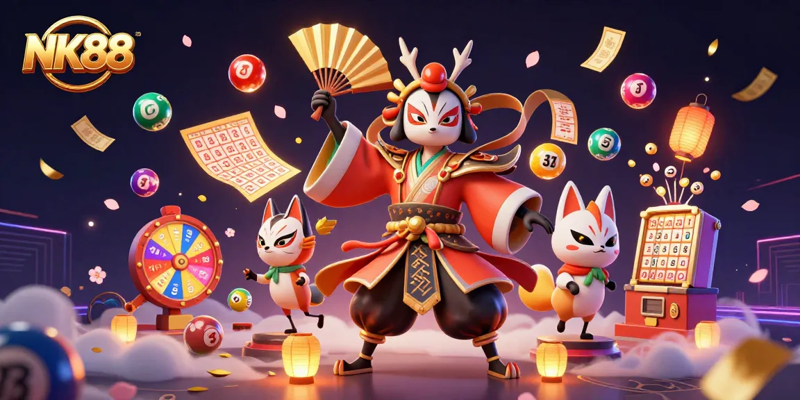 Engage with NK88's vibrant online gaming adventure featuring animated characters, dynamic lottery elements, and casino excitement.