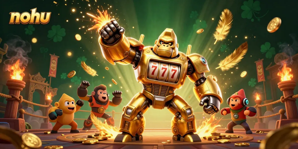 Nohu players engage in vibrant golden slot game action with a dynamic gorilla mech.