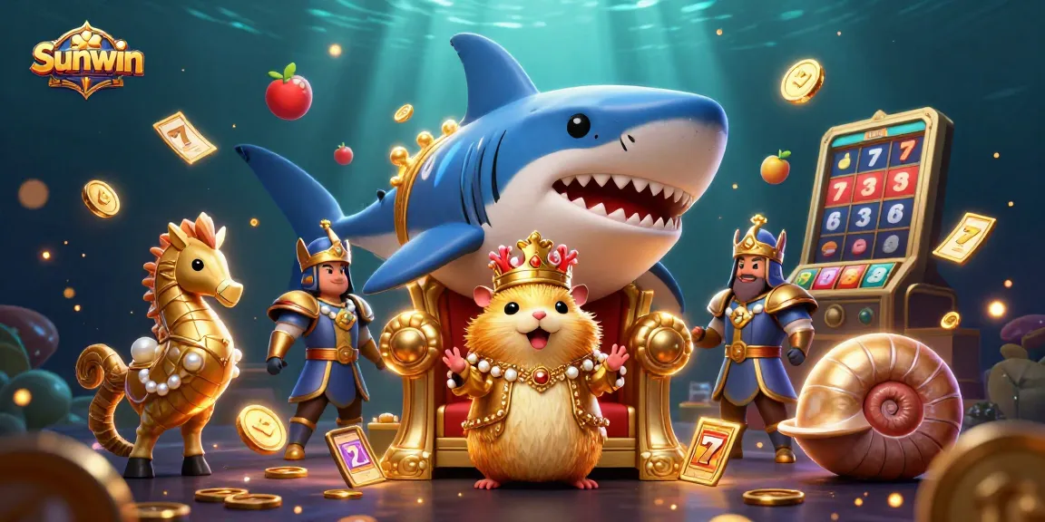 Sunwin engages players with vibrant slot games and a golden hamster king in a captivating gambling scene.