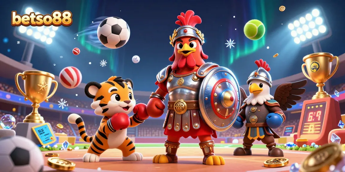 Betso88 showcases a thrilling sports scene with a gladiator rooster, dynamic sports balls, and vibrant casino elements.