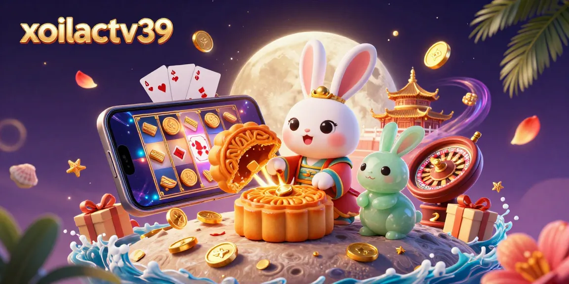 Experience excitement with xoilactv39 as moon rabbit celebrates poker wins surrounded by gaming elements.