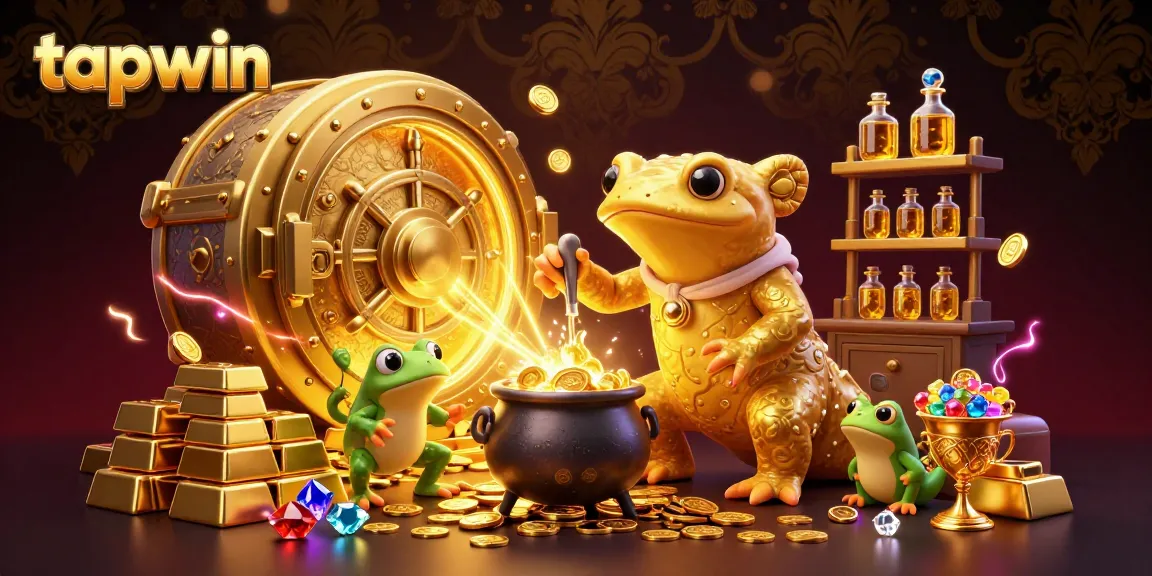 Experience the magic of tapwin with a vibrant 3D alchemist scene, showcasing golden winnings and casino excitement.