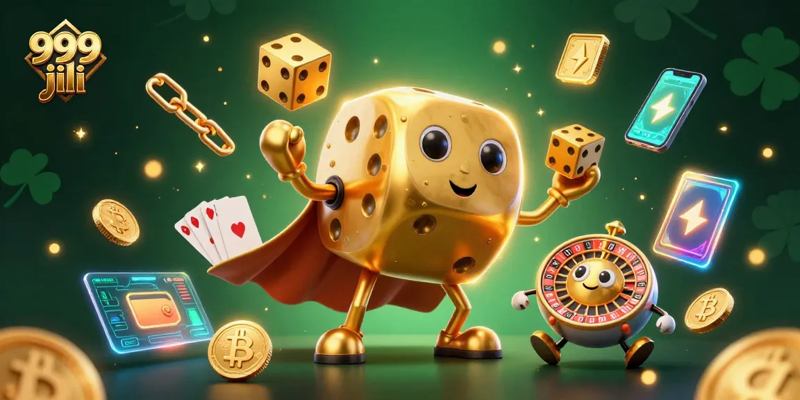 Experience winning thrills with 999 jili in a vibrant casino atmosphere filled with golden dice and crypto elements.