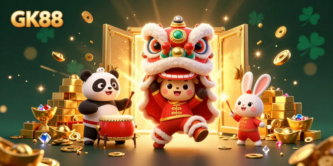 Experience thrilling gaming with GK88: vibrant lion dancers and treasure in a lively 3D scene.