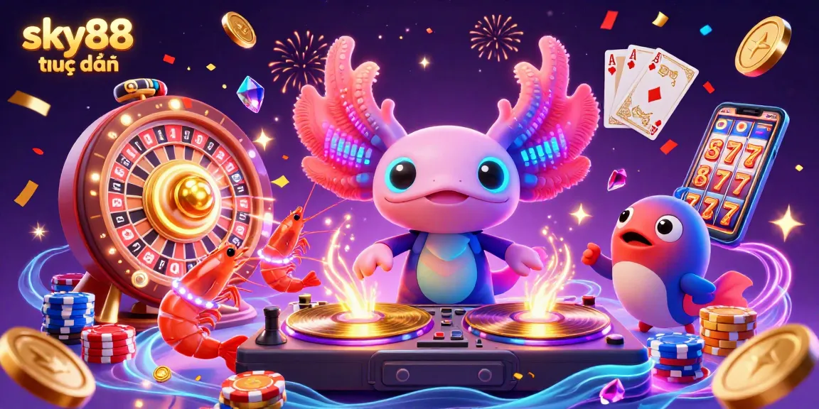 Engage with thrilling gameplay at sky88 trực tiếp featuring vibrant axolotl DJ and wild casino elements.
