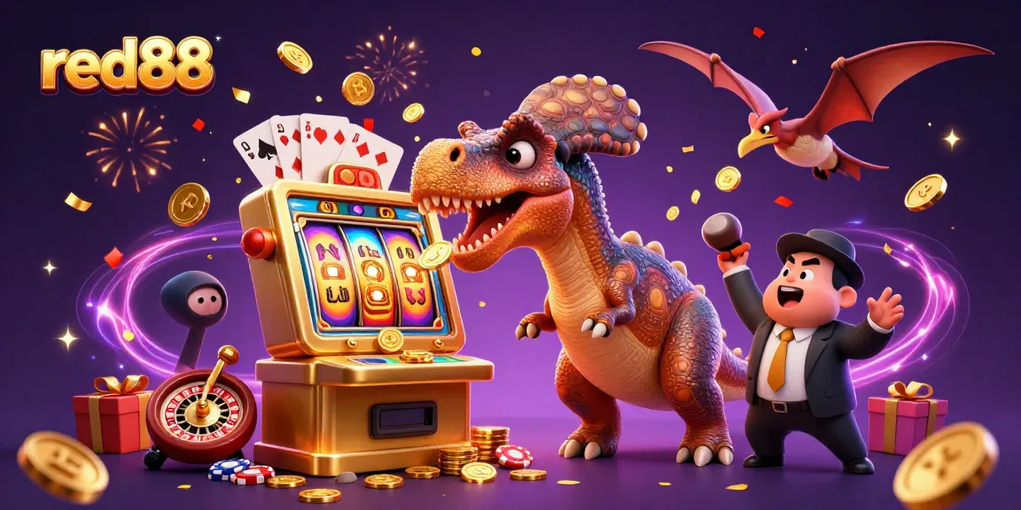 Experience excitement at red88 as a dinosaur plays slots for jackpots while coins fly around in a festive casino.