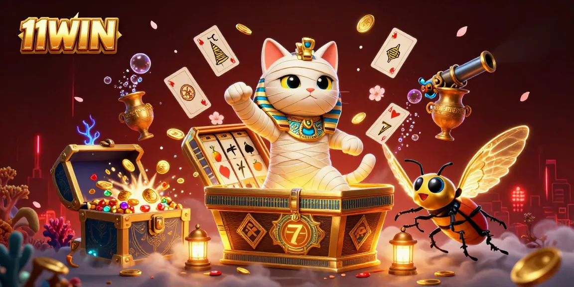 Engage with 11WIN's thrilling casino fantasy featuring an Egyptian mummy cat among vibrant gaming visuals.
