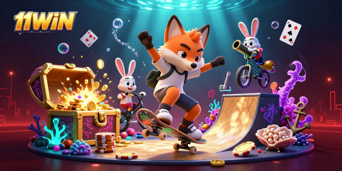 Experience energizing thrills with 11WIN's vibrant casino-inspired illustration featuring dynamic characters.