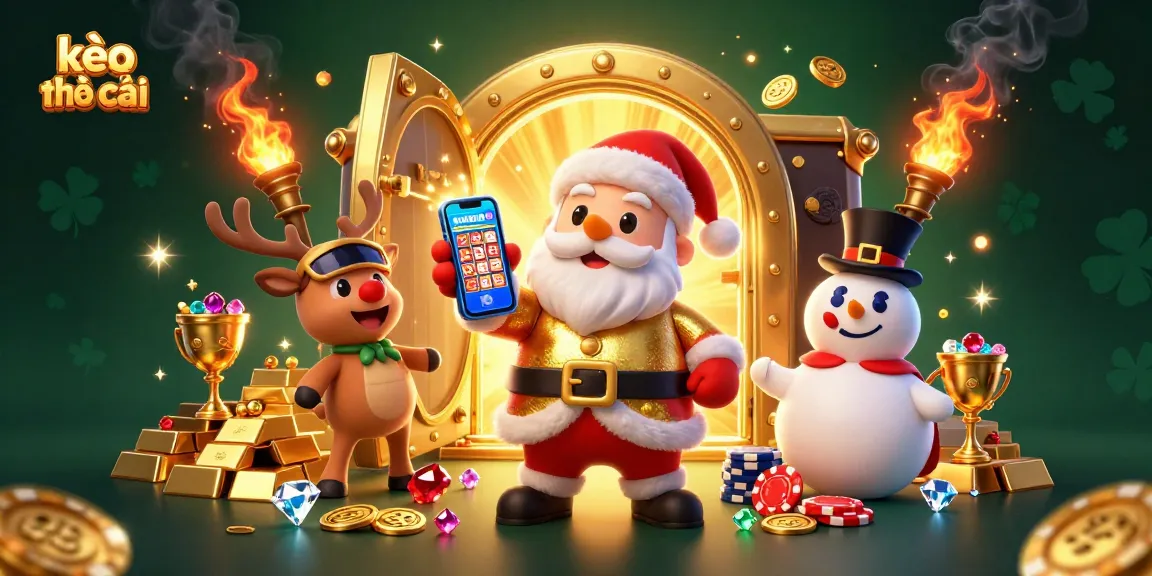 Experience thrilling kèo nhà cái action with Santa's festive casino illustration filled with treasures.