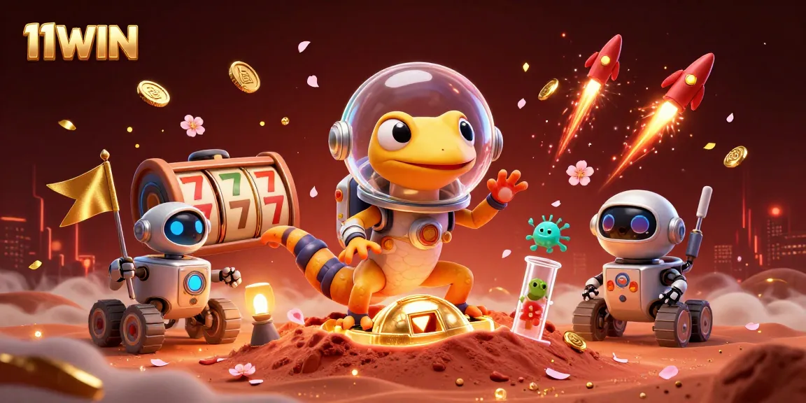 Join the Martian gecko and robot in an action-packed 11WIN casino adventure filled with vibrant gaming elements.