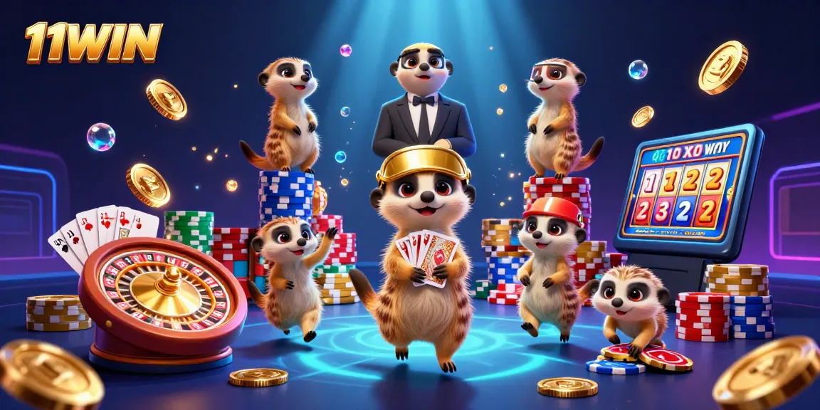 Engaging 3D illustration showcasing 11WIN's meerkat-themed casino, filled with excitement and rich gaming elements.