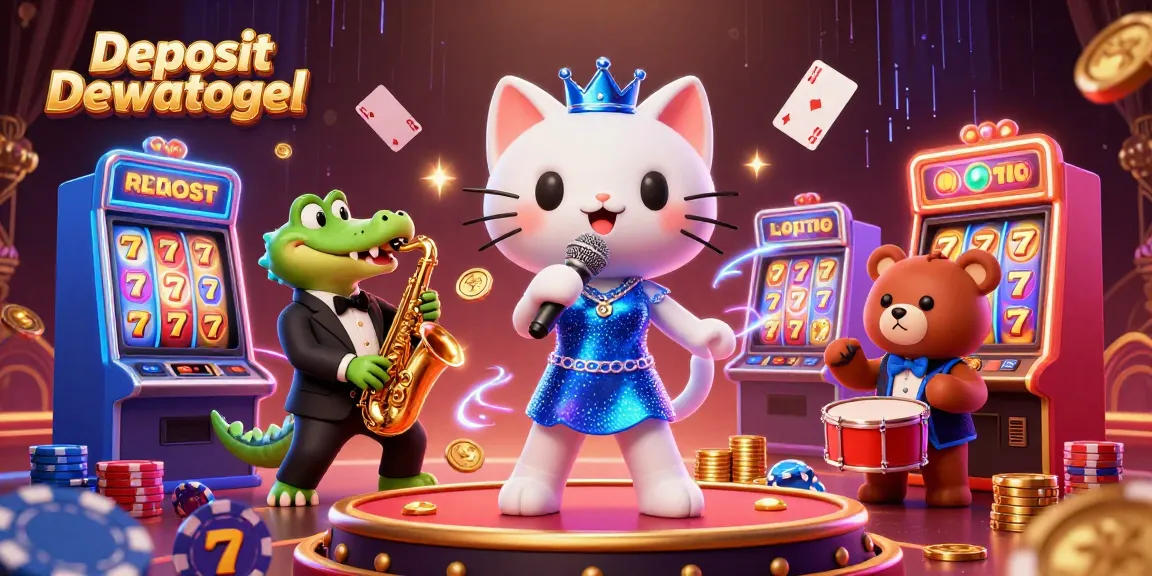 Experience thrills with Deposit Dewatogel, showcasing a vibrant casino scene with animated characters and slot machines.