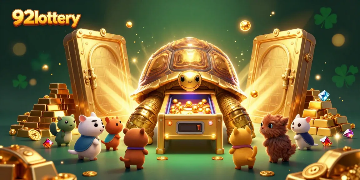 Engage with the excitement of 92lottery as golden tortoise and animals celebrate winning numbers and prizes.