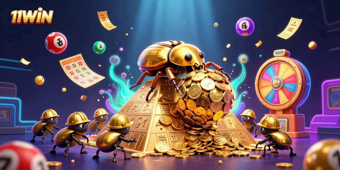 Experience the thrilling world of 11WIN with dynamic casino-themed illustrations showcasing vibrant lottery elements.