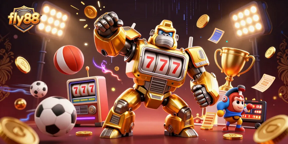 Experience excitement with fly88's golden gorilla mech amidst dynamic sports action and gaming elements.