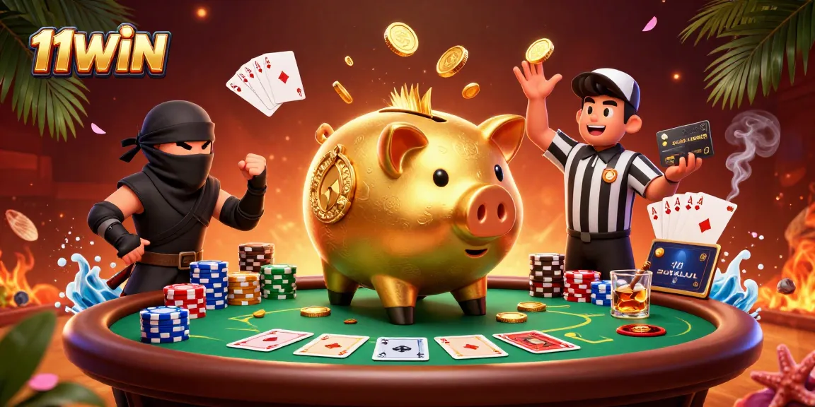 Join the action with 11WIN in this vibrant 3D casino showdown featuring a sumo piggy bank.