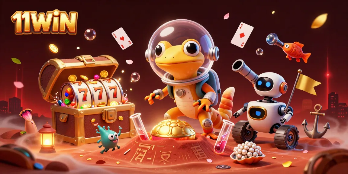 Join 11WIN as the cartoon Martian gecko discovers a golden casino with thrilling slot reels!