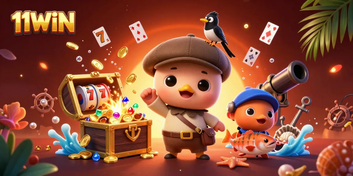 Engage with 11WIN in this vibrant 3D scene featuring fun characters and casino elements.