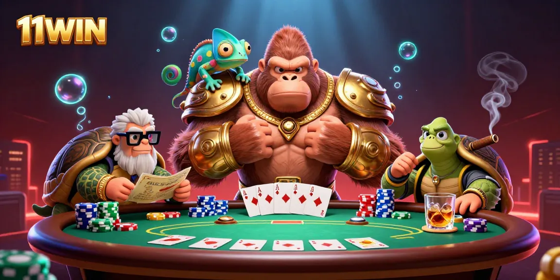 Experience 11WIN's thrilling casino adventure with a gorilla king, chameleon spy, and wise tortoise!